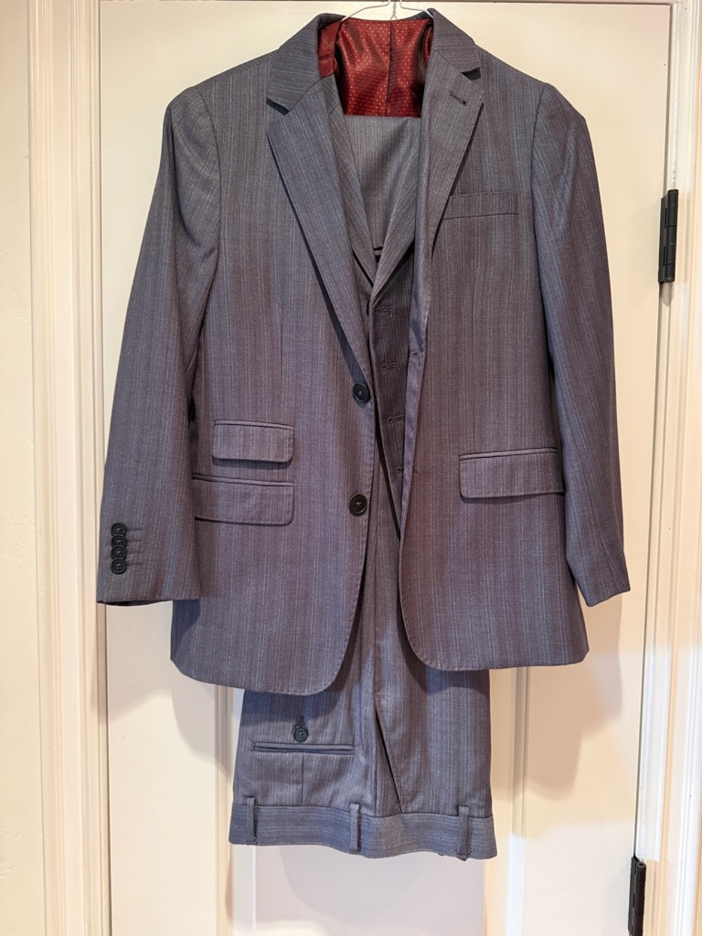 Ike Behar Boys 12 Gray Pinstripe 3-Piece Suit with Burgundy Lining